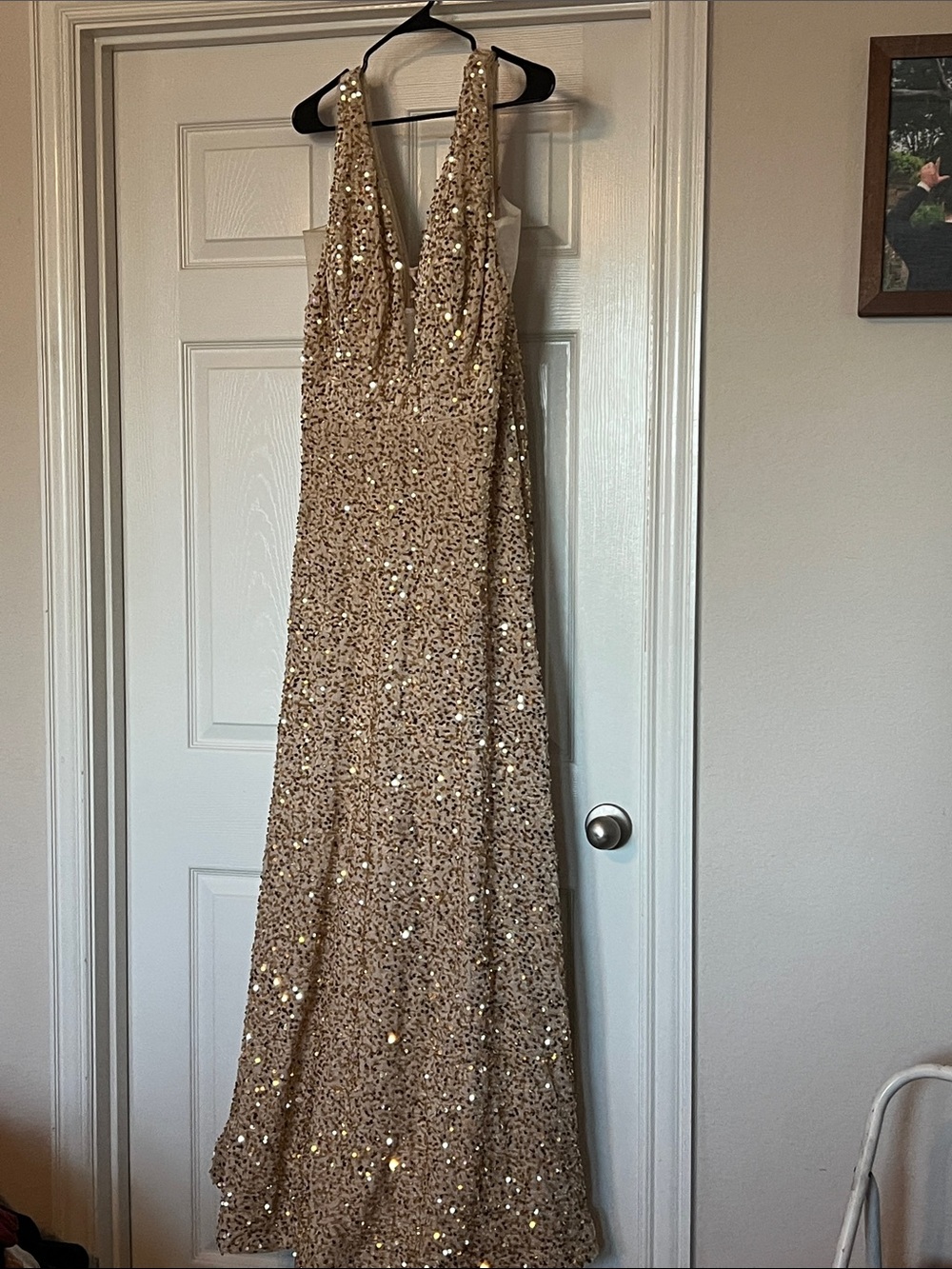 Sequin Deep V-Neck Evening Gown in Gold